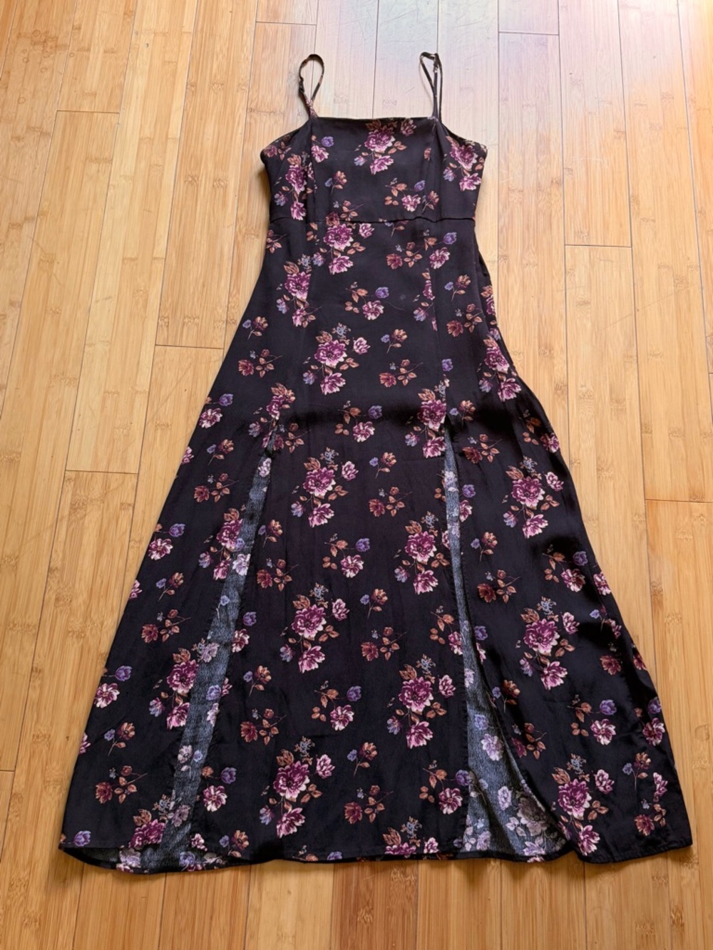 Forever 21 Black Maxi Slip Dress with Purple Rose Print